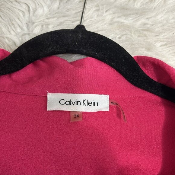 Calvin Klein Fuchsia Chiffon Blouse Pink Tassel Collared Neck Roll Tab Sleeve 3X - Picture 8 of 10
